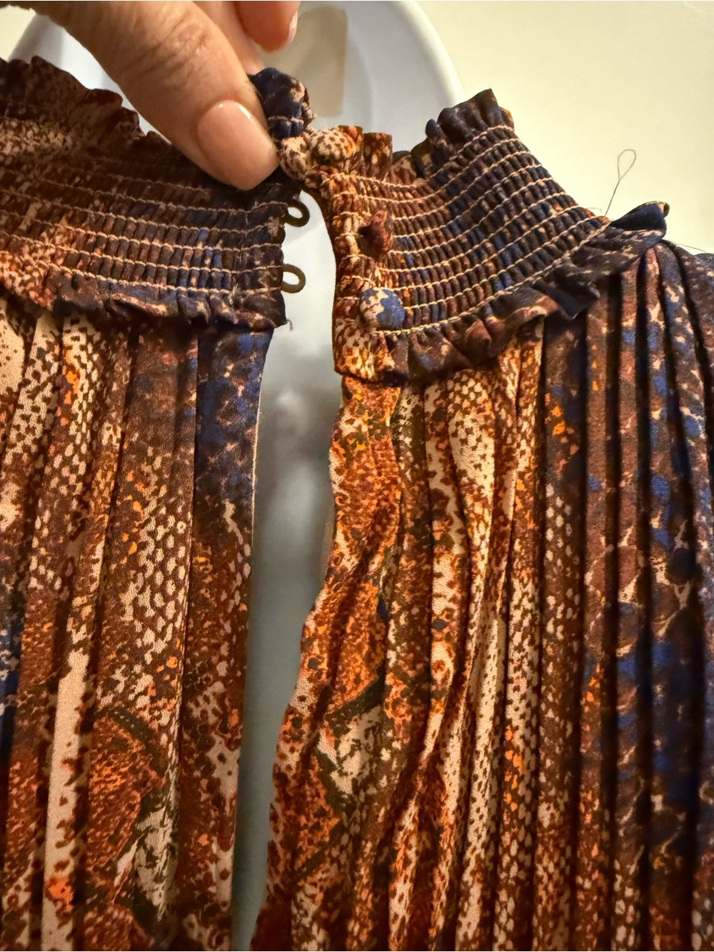 Nanette Lepore Sleeveless Pleated Mock-Neck Dress in Brown & Navy - Picture 9 of 10